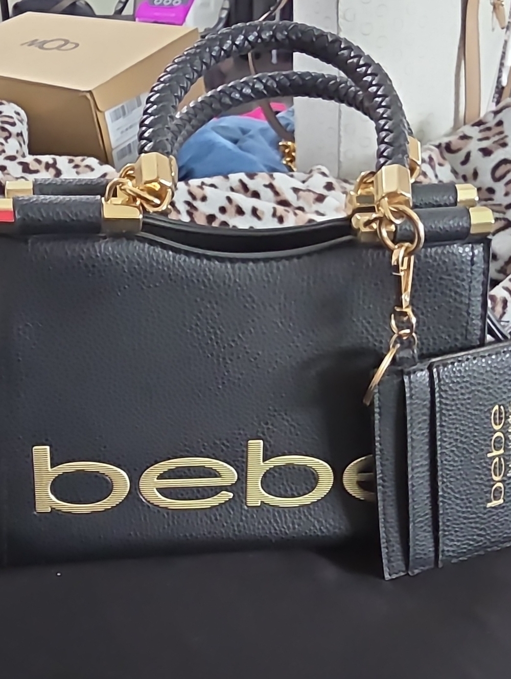 bebe Black Satchel with Gold Logo and Hardware